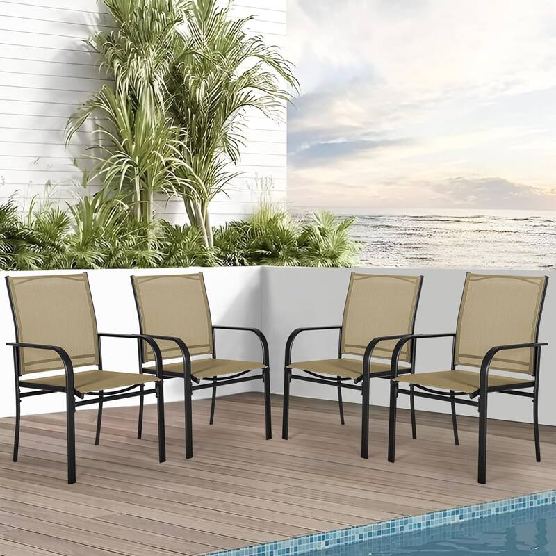 Outdoor Patio Dining Chairs Set of 4, Metal Frame Textilene Fabric Chairs with Armrest
