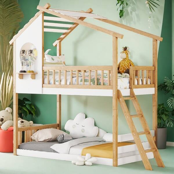 slide 2 of 27, Twin Over Twin Bunk Bed Wood Bed with Roof, Window and Ladder, Quality Structure, Space-saving Natural