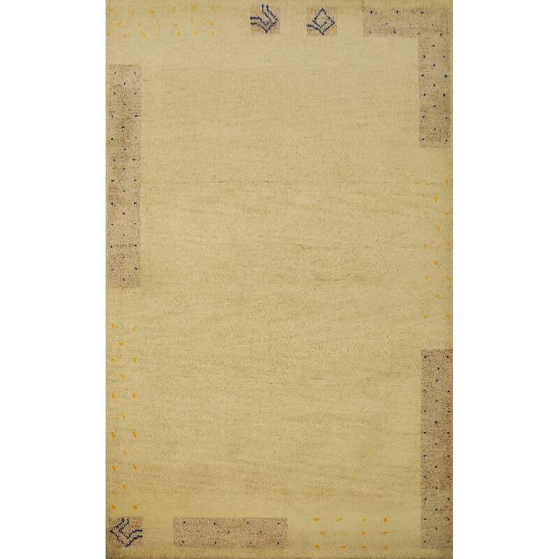 Hand Knotted Oriental 100% Wool Carpet Modern Bordered Beige & Ivories Gabbeh Area Rug - 6' 0'' X 4' 1''