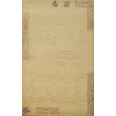 Hand Knotted Oriental 100% Wool Carpet Modern Bordered Beige & Ivories Gabbeh Area Rug - 6' 0'' X 4' 1''