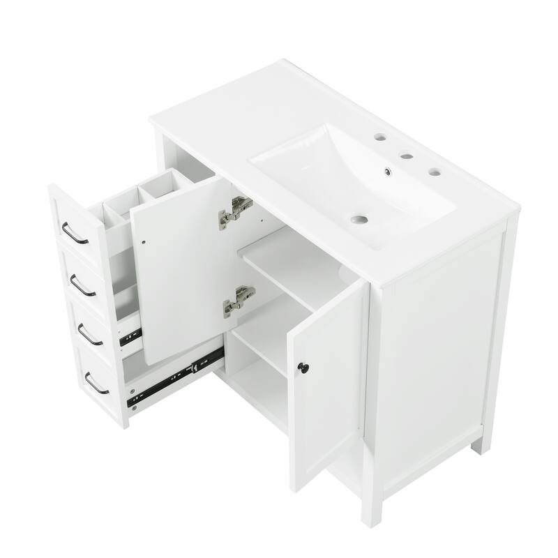 Roomfitters 36" Bathroom Vanity with Sink, Right-Side Basin, Solid Wood Frame, 2 Doors, 2 Drawers & Open Shelf