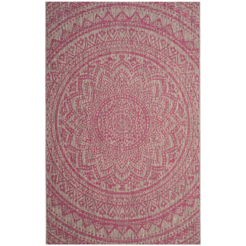 SAFAVIEH Courtyard Fran Mandala Indoor/ Outdoor Waterproof Patio Backyard Rug - 5' Square - Light Grey/Fuchsia