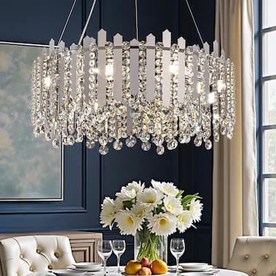 24" Chrome Modern Luxury Crystal Chandelier Adjustable Height Drum Light Fixture for Dining Room