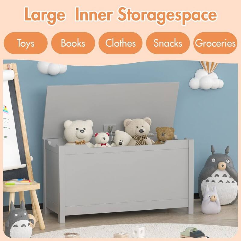 Wooden Toy Box Kids Storage Chest Bench W/ Safety Hinged Lid
