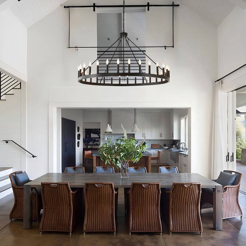 53" Large Wagon Wheel Chandelier Black Farmhouse Pendant Light Fixtures