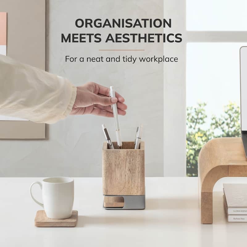 Jani Wooden Pen Cup Holder with 2 Coasters - Stained Mango Wood & Powder-Coated Metal Organizer for Home, Office & Living Spaces