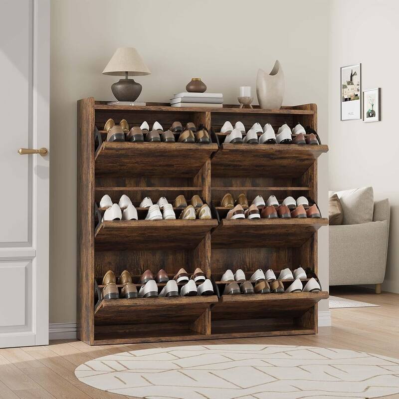 Narrow Shoe Cabinet Organizer with 6 Flip Drawers for Entryway, Hallway, Living Room - Brown