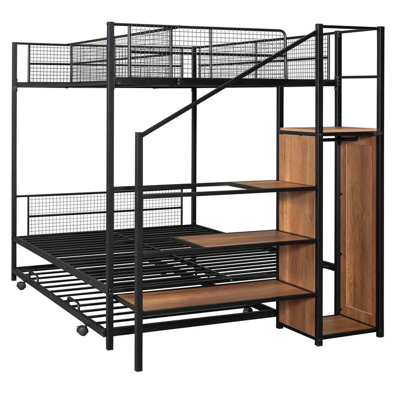 Twin Over Full Bunk Bed with Trundle, Storage Ladder, and Wardrobe, Perfect for Families or Guest Rooms