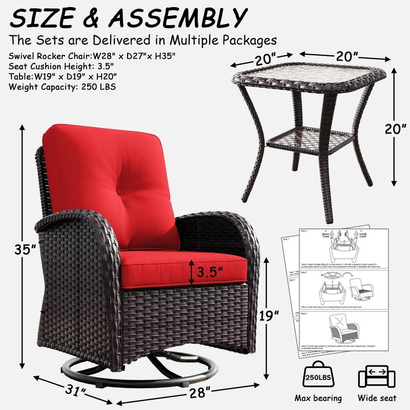 Cozywor 3-Piece Wicker Patio Swivel Outdoor Rocking Chair Conversation Set