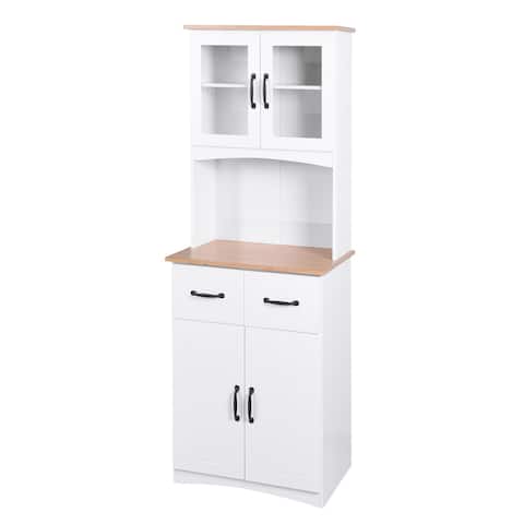 Kitchen Cabinet White Pantry Room Storage Microwave Cabinet with Framed Glass Doors and Drawer