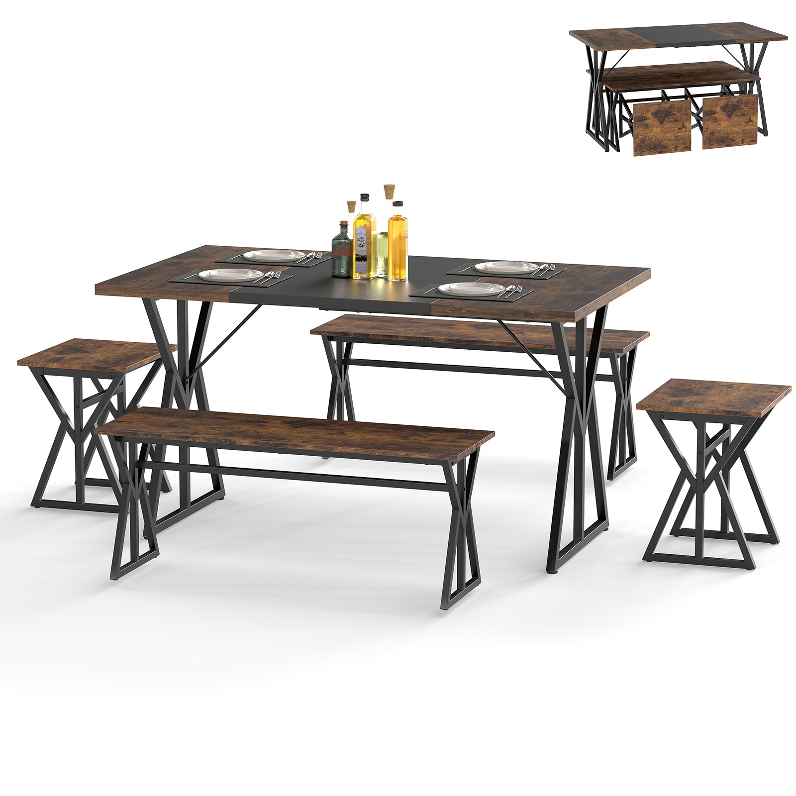 Gymax 5-Piece Dining Room Set w/ 2 Benches & 2 Stools Metal Frame for