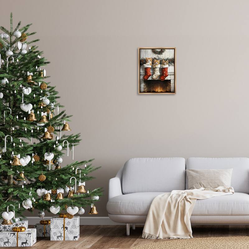 Stupell Christmas Kittens in Stockings Framed Floater Canvas Wall Art Design By Arlington Prints