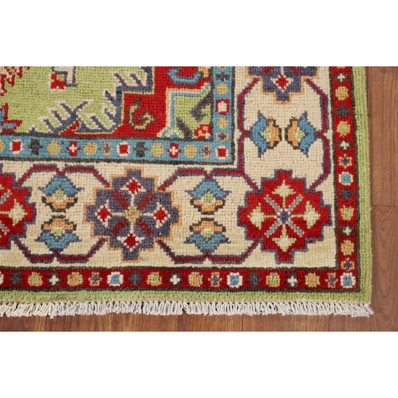 Pistachio Green Geometric Kazak Accent Rug Handmade Wool Carpet - 3'3" x 4'11"