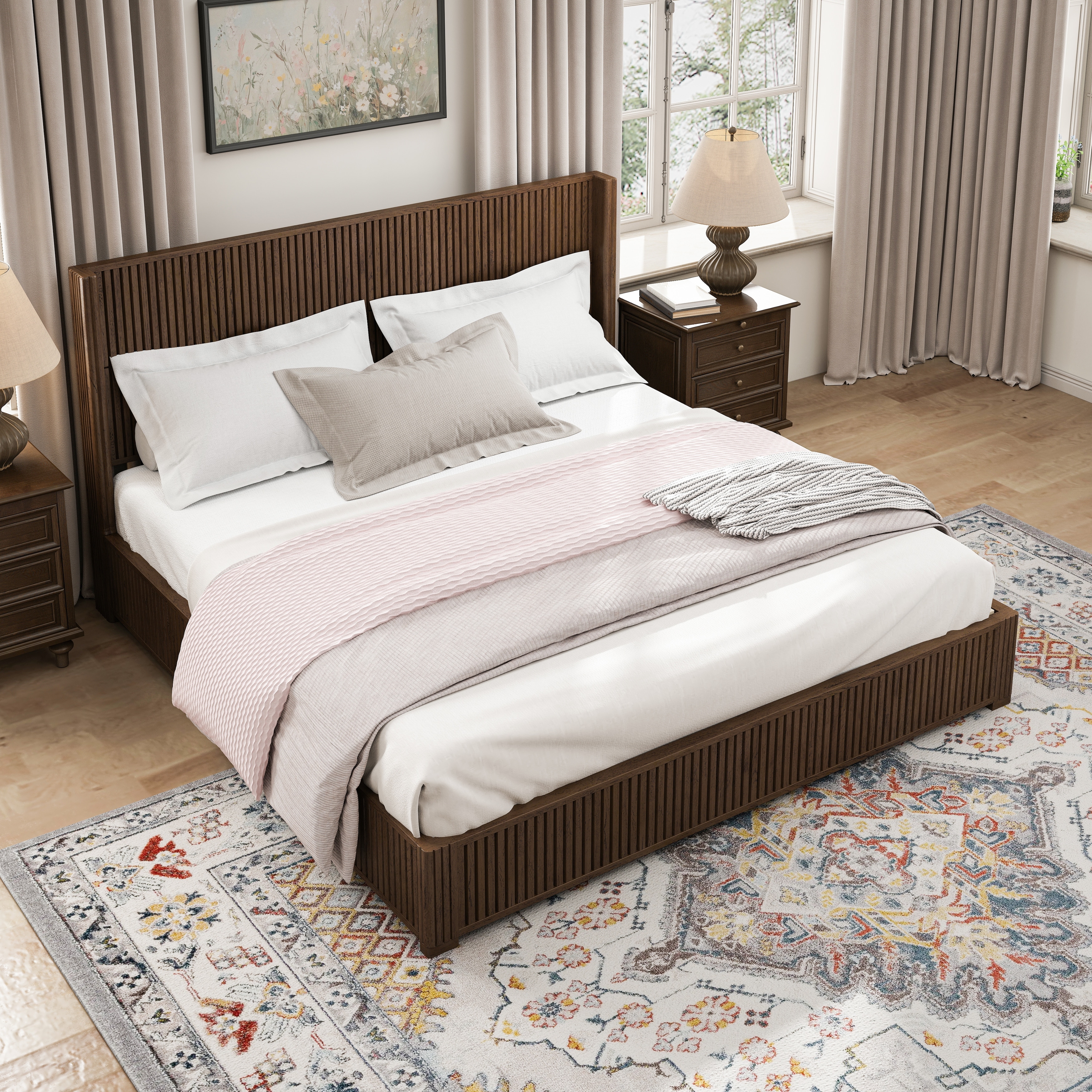 GDFStudio - Modern Wooden Low-Profile Platform Bed Frame with Fluted Headboard, Heavy-Duty Support & No Box Spring Needed