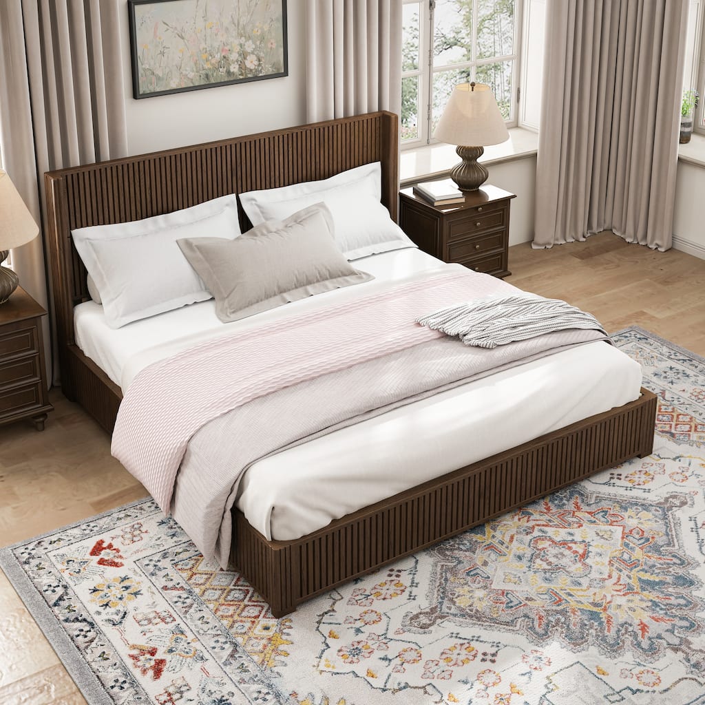 King Rustic Wood Platform Bed Frame Floor Bed with Headboard