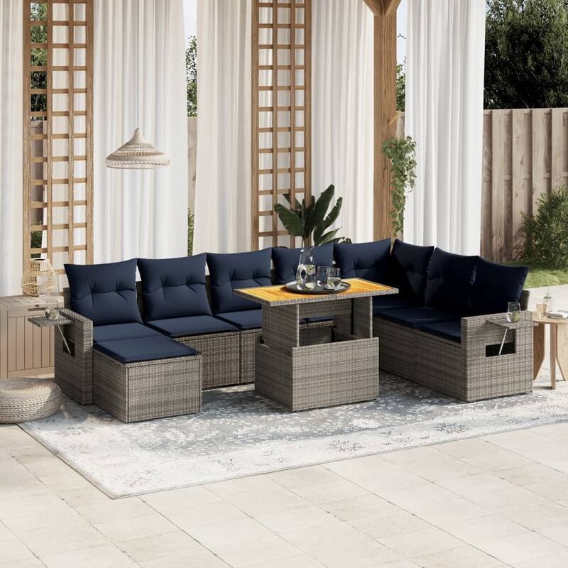 vidaXL Patio Sofa Set with Cushions Outdoor Furniture 9 Piece Poly Rattan - Grey - 21.7 x 24.4 x 27.2