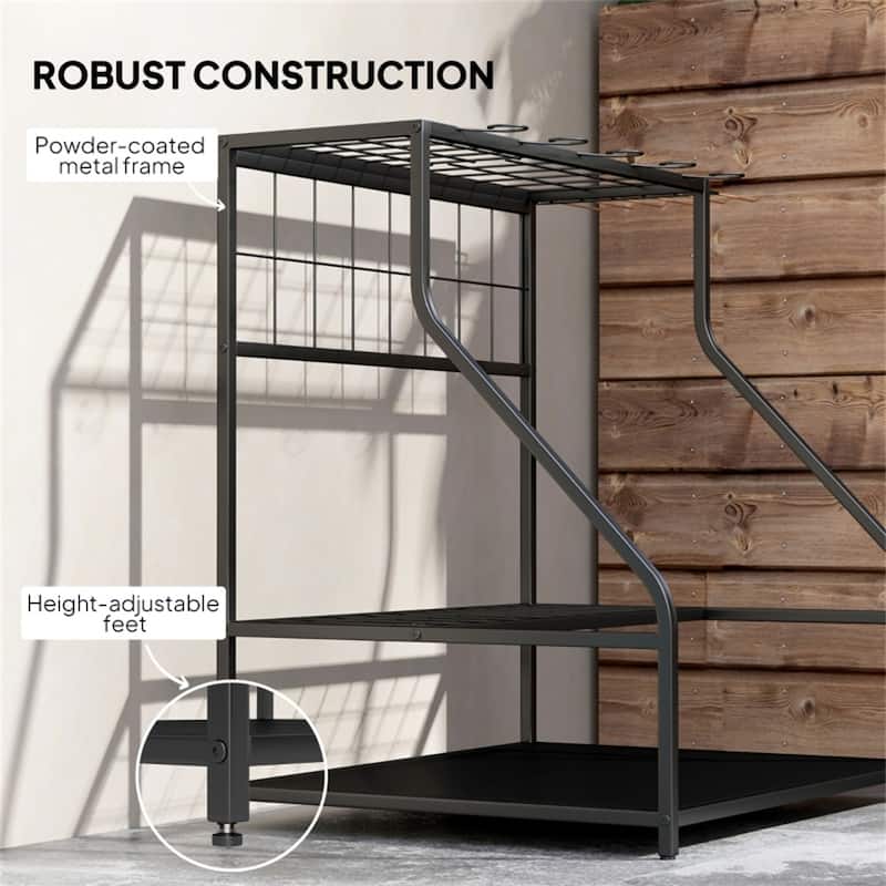 3 Tier Garden Tool Storage Rack Metal Organizer with Hooks and Shelves for Indoor and Outdoor Use - 33.1" L x 20.9" W x 28.7" H