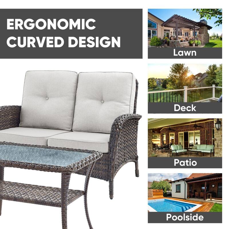 Outdoor Swivel Chairs with Sofa Coffee Table - Beige - Brown