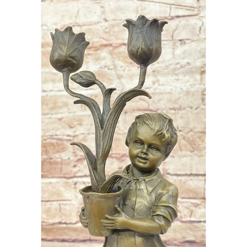 Original Aldo Vitaleh Boy Holding A Tulip Vase Bronze Candle Holder Sculpture
