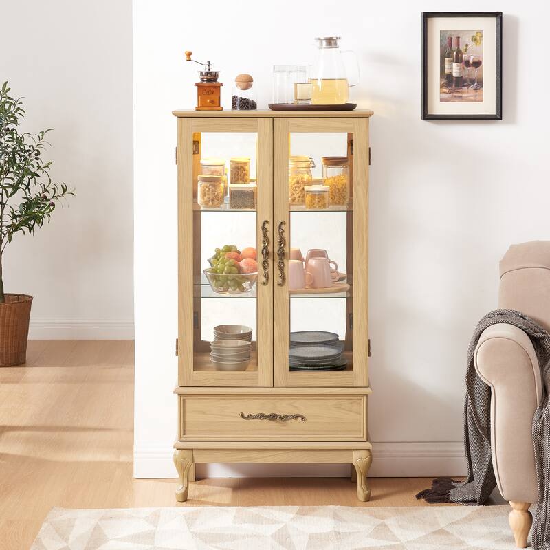 Vintage Display Cabinet with 2 Doors, Adjustable Glass Shelves and 1 Drawer - Light Oak