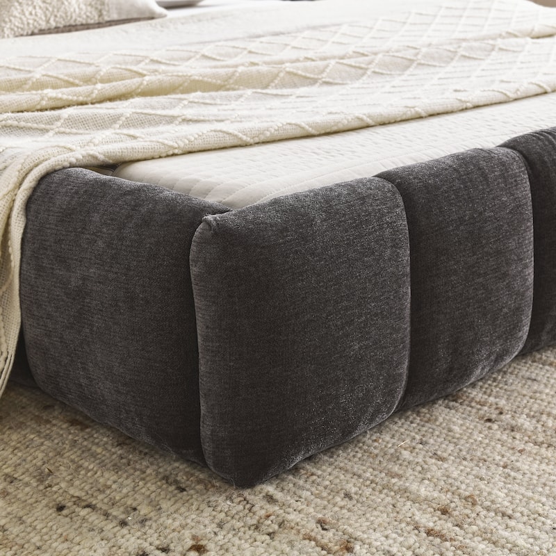 Block Thick Chenille Low Profile Platform Bed Fabric Upholstered Bedframe with Headboard Solid Wood Frame - Optional Storage Bed