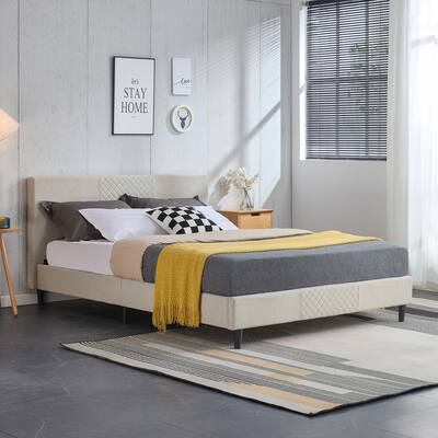 Velvet Upholstered Platform Bed Frame with Diamond Grid Channel Tufted Headboard