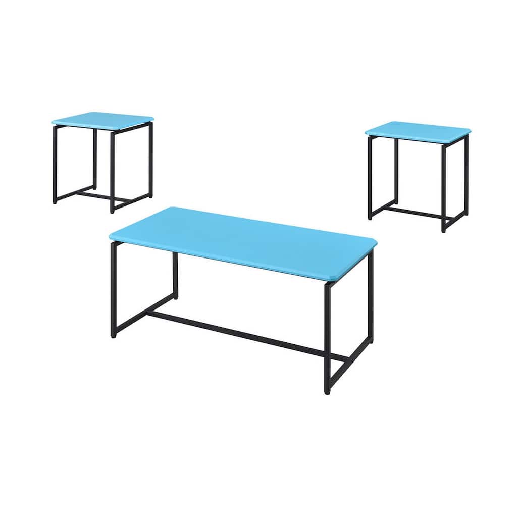 Ont 3 Piece Coffee Table and End Table Set, Carbon Fiber Top, Blue
