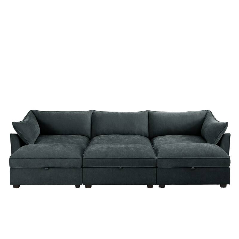 Modular Upholstered Sofa with 3 Ottomans and Storage Drawers, Deep Seat Chenille Sleeper Couch for Living Room, Home Theater