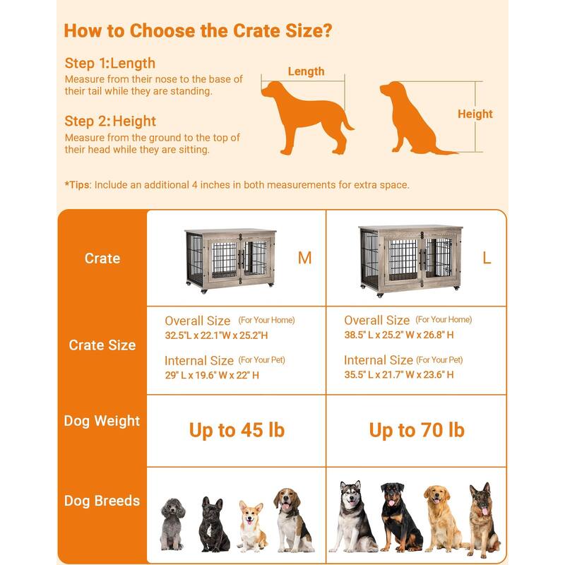 Dog Crate Furniture with Cushion Double Doors Wooden Dog Kennel