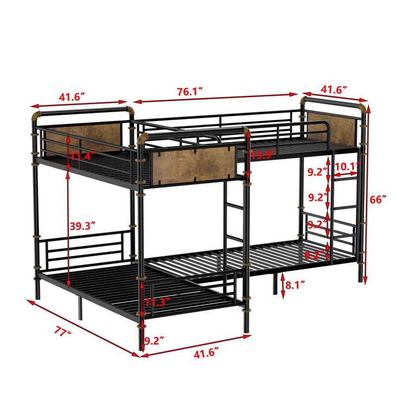 Quad Bunk Bed for 4 Kids, L-shape Metal Frame Twin Size Bunk Bed, Detachable Triple Bunk Bed, Separable Into 3 Twin Beds, Black