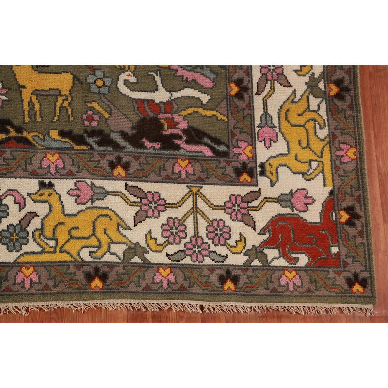 Hunting Animals Green Ziegler Indian Area Rug Handmade Wool Carpet - 9'1"x 11'11"