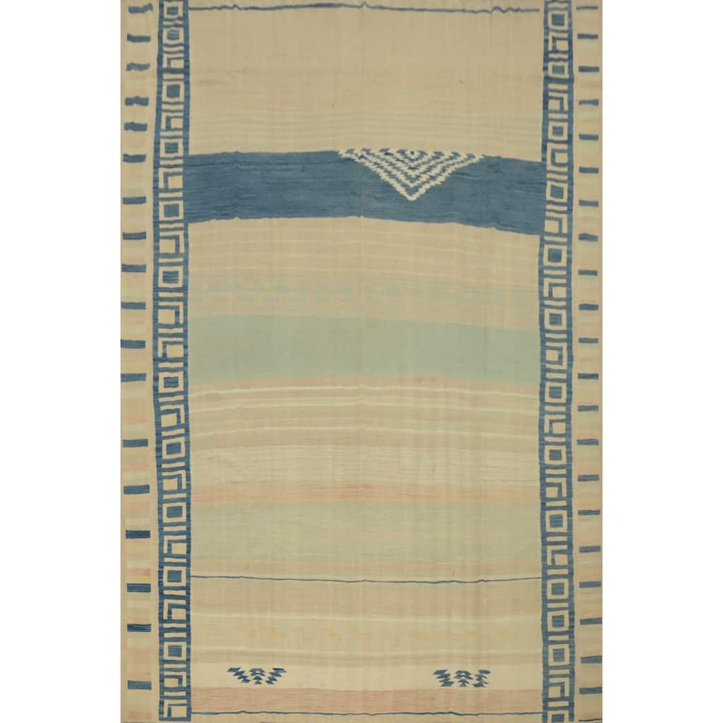 Hand Woven Oriental 100% Wool Carpet Southwestern Tribal Beige & Ivories Kilim Area Rug - 12' 11'' X 9' 11''