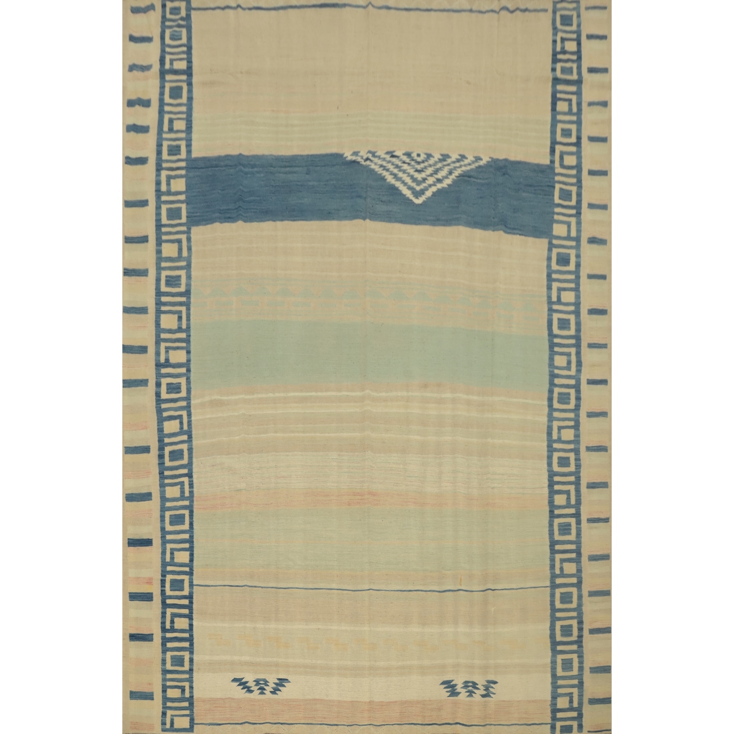 Hand Woven Oriental 100% Wool Carpet Southwestern Tribal Beige & Ivories Kilim Area Rug - 12' 11'' X 9' 11''