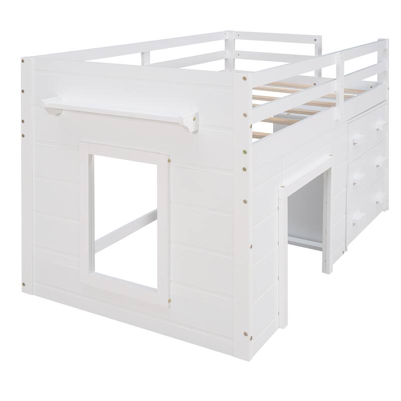 Compact Twin Loft Bed with Cabinet, Shelf, and Storage Drawers in White, Gray, or Espresso
