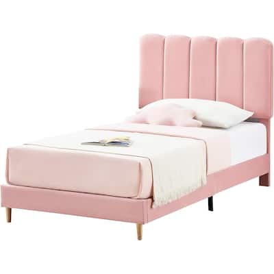 Twin Upholstered Platform Bed Frame with Wave Headboard, Wood Slats, No Box Spring Needed, for Kids or Teens