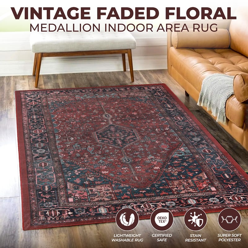 Superior Cardinal Vintage Machine Washable Indoor Area Rug or Runner