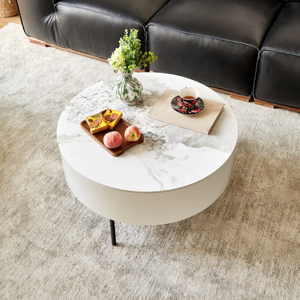Round Coffee Table with Drawers and Metal Legs, Drum Tea Table
