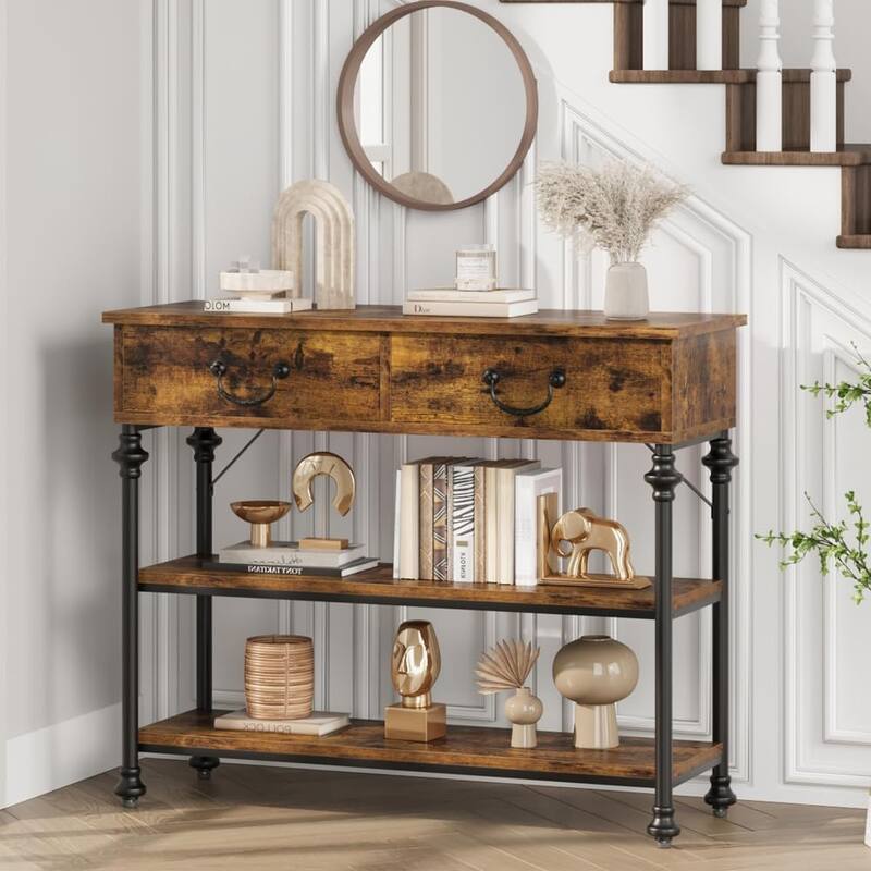 Small Entryway Table with 2 Drawers, Narrow Console Table with Storage Shelves for Living Room