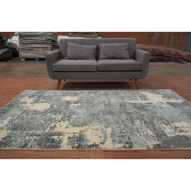Hand Knotted Oriental Viscose Silk Carpet Modern Abstract Navy Blue & Blues Abstract Area Rug - 8' 1'' X 5' 1''