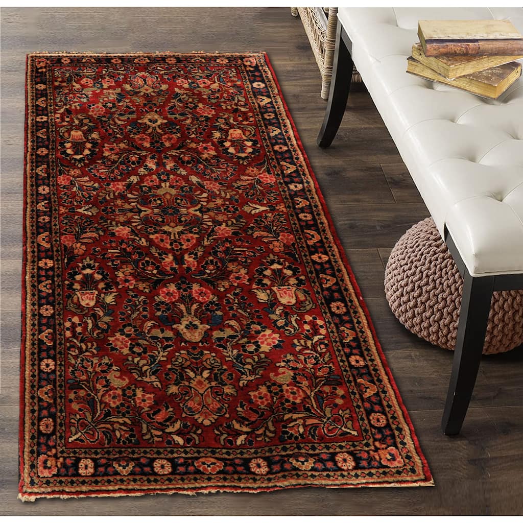 2'7''x5 Hand Knotted Wool Red Sarouk Traditional Vintage Area Rug - 2' 7'' x 5'