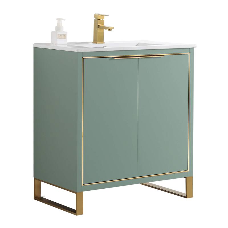 Fine Fixtures Opulence Collection Bathroom Vanity with White Ceramic Sink - 30 Inch - Mint Green - Satin Brass Hardware