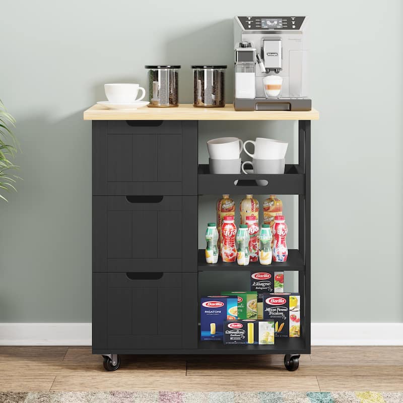 Futzca Kitchen Island Cart with 3 Open Shelves and 3 Drawers - Black