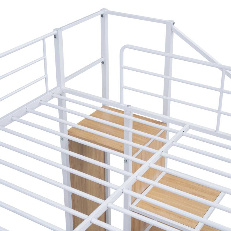 Full Over Full Metal Bunk Bed with Lateral Storage Ladder, Wardrobe, and Chrome Finish - Space-Saving Design