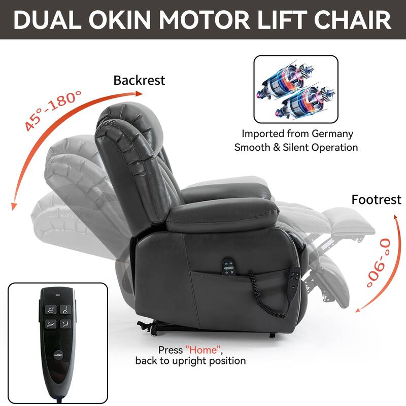 Roomfitters Dual Motor Power Lift Recliner, Infinite Position Massage Chair with 180-Degree Flat Recline, Leatheraire, Grey