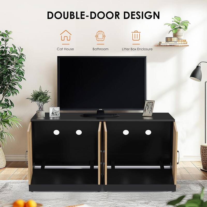 Double Cat Litter Box Enclosure, 47.2" Large Wood Cat Hidden Furniture