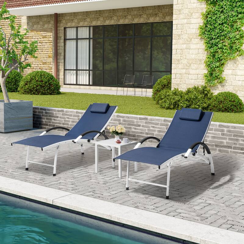 3-piece Outdoor Adjustable Aluminum Reclining Chaise Lounge Chairs with Wheels and Side Table Set