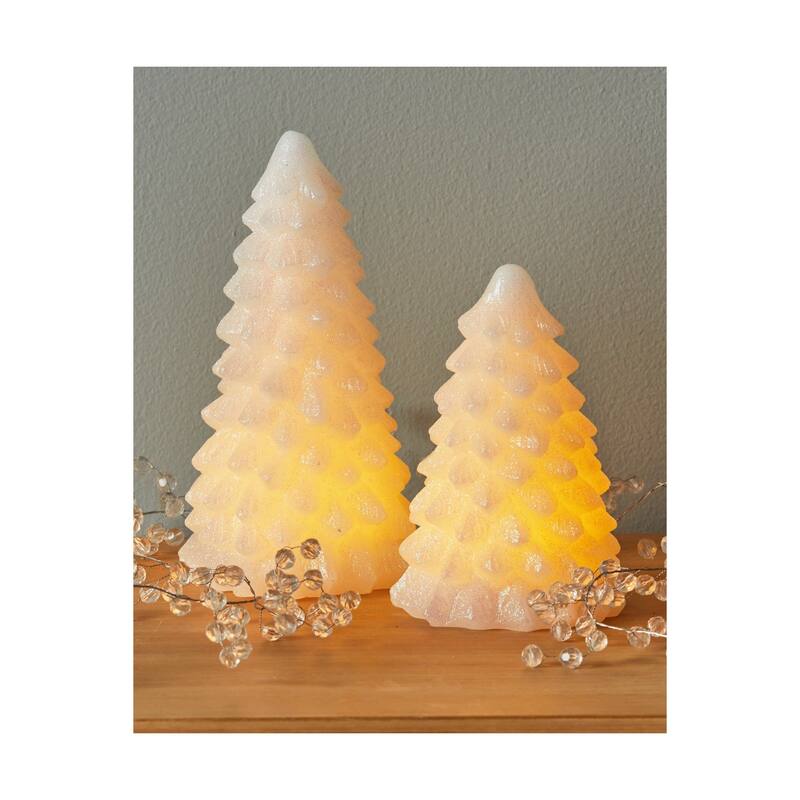 Snowy Pine Tree LED Flameless Candle - Small Sculpted Christmas Decor, White Paraffin Wax, 6.5" H x 4" L x 4" W