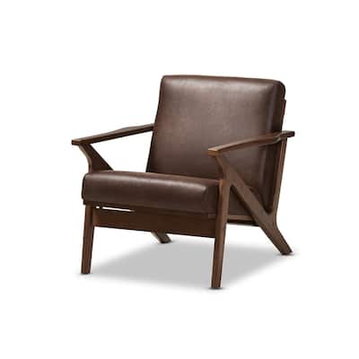 Modern Walnut Wood Distressed Lounge Chair Mid-Century Faux Leather ...