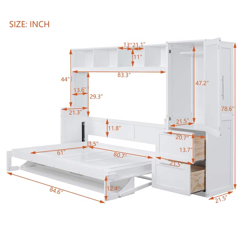 Murphy Wall Bed with Integrated Storage, Closet, and Drawers - Queen Size Space Saver