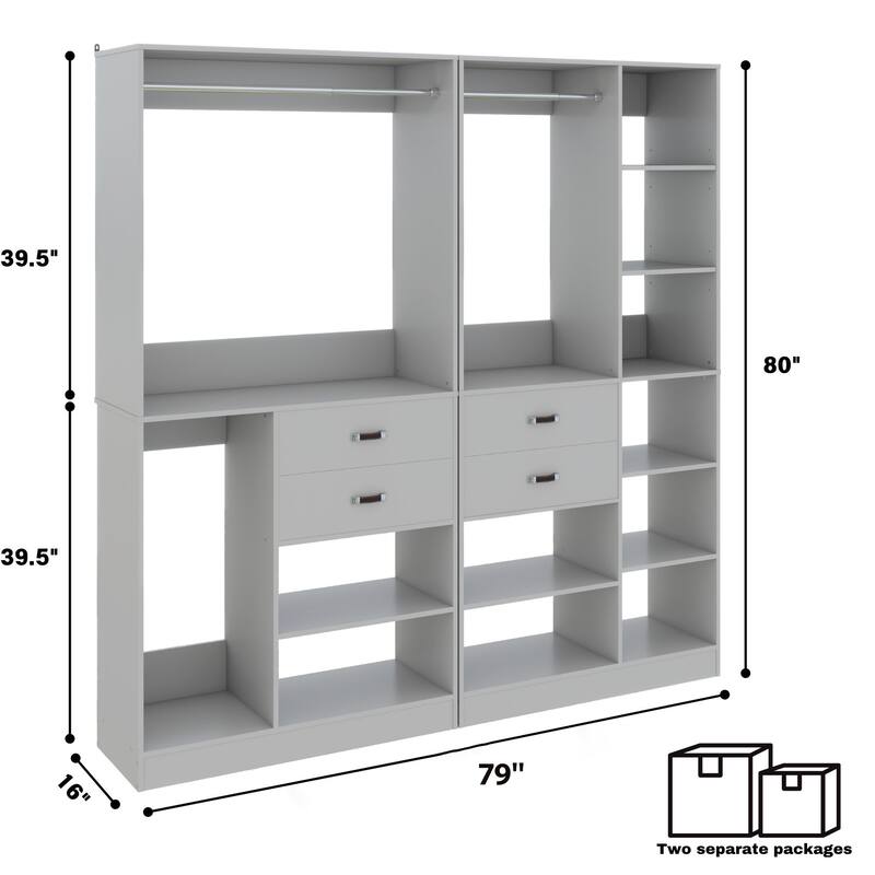 79''W Set of 2 Freestanding Closet System with Drawers, Reversible Wardrobe for Walk-in/ Reach-in Closet